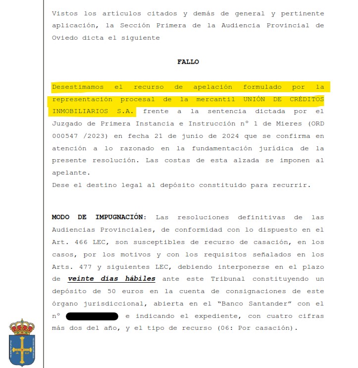Recorte del fallo de la sentencia 00379/2025 contra UCI