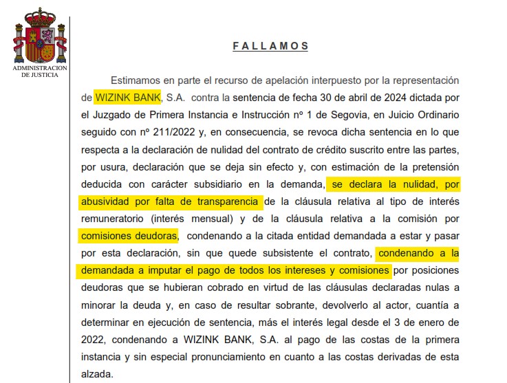 Recorte del fallo de la sentencia 00134/2025 contra WiZink