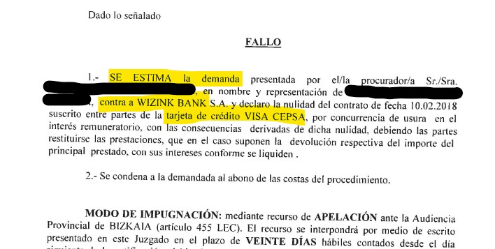 Recorte del fallo de la sentencia 0244/2021 contra WiZink