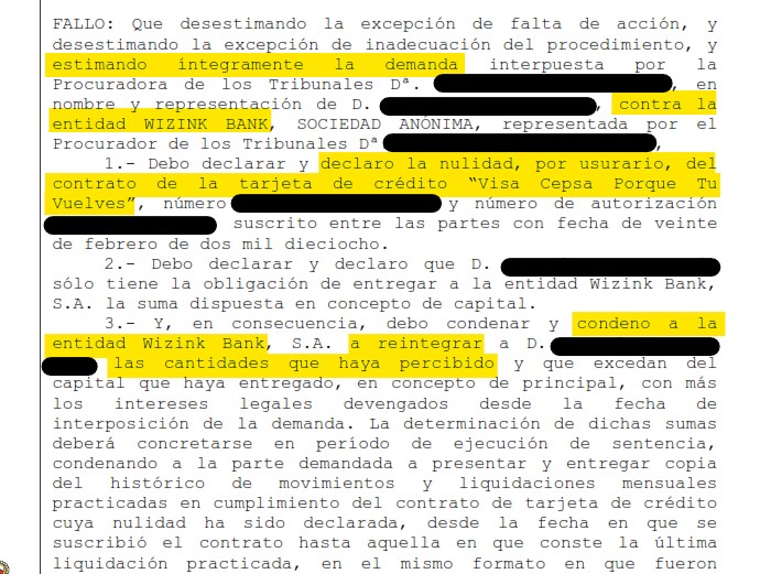 Recorte del fallo de la sentencia 00172/2022 contra WiZink