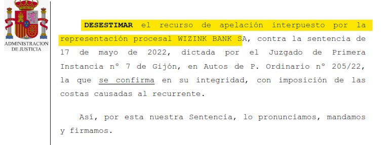 Recorte del fallo de la sentencia 00443/2022 contra WiZink