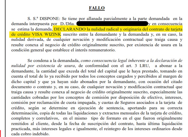 Recorte del fallo de la sentencia 32/2022 contra WiZink