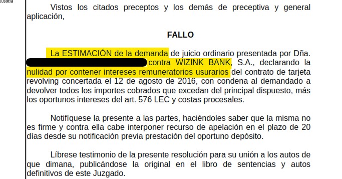 Recorte del fallo de la sentencia 508/2022 contra WiZink
