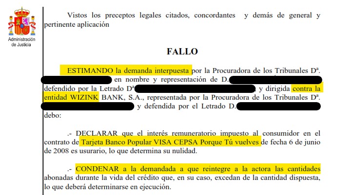 Recorte del fallo de la sentencia 362/2022 contra WiZink
