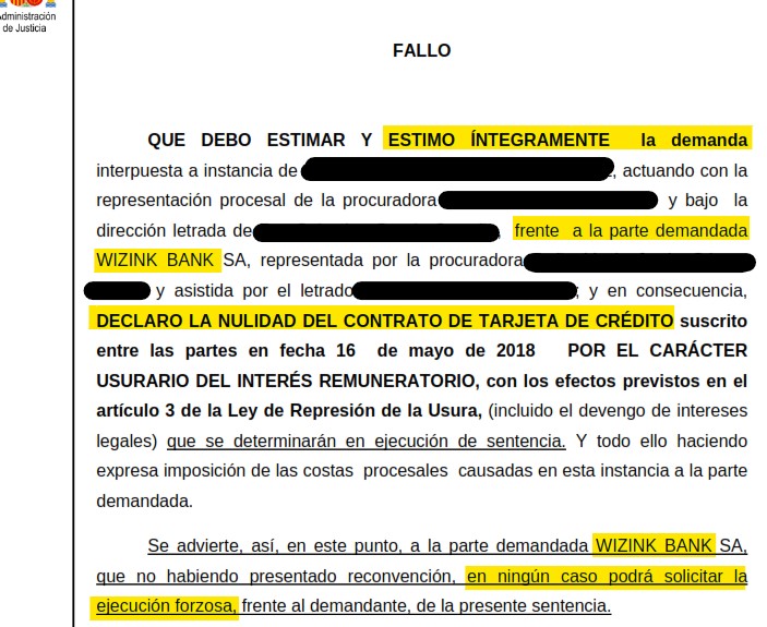 Recorte del fallo de la sentencia 121/2024 contra WiZink