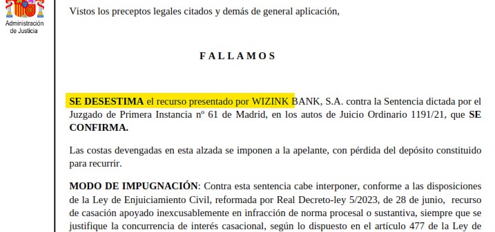 Recorte del fallo de la sentencia 891/2025 contra WiZink