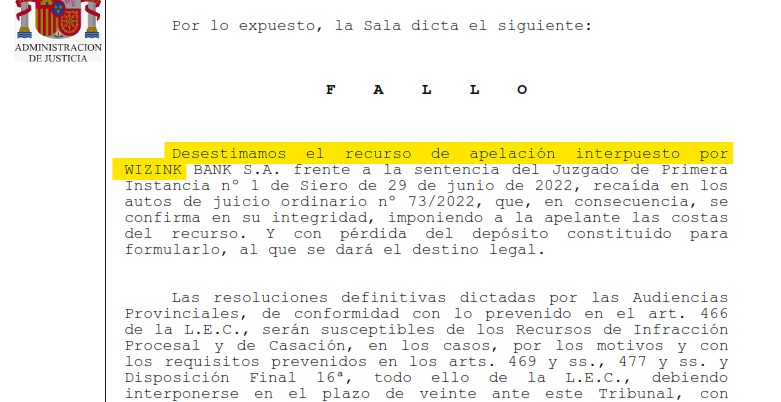 Recorte del fallo de la sentencia 00425/2022 contra WiZink