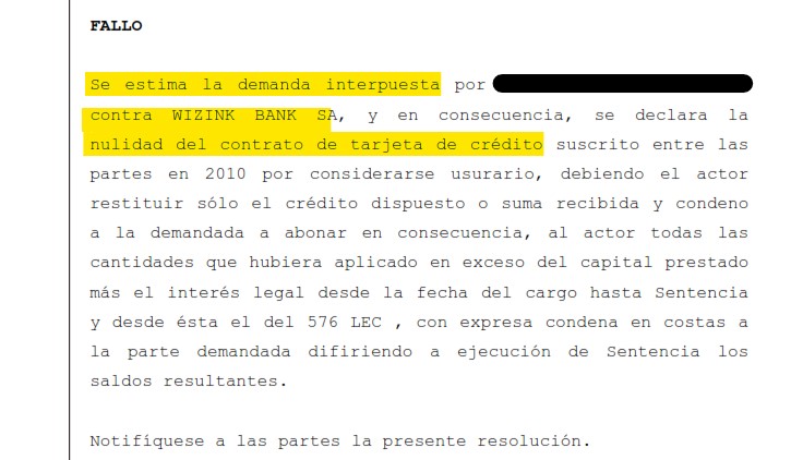 Recorte del fallo de la sentencia 00257/2022 contra WiZink