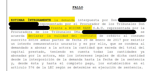 Recorte del fallo de la sentencia 00086/2024 contra WiZink