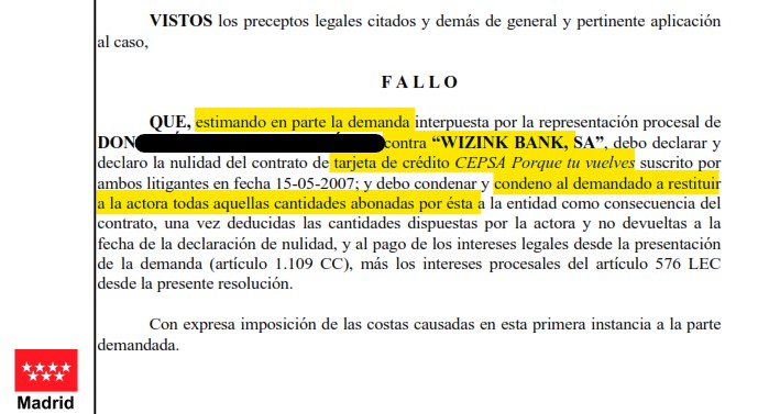 Recorte del fallo de la sentencia 00111/2022 contra WiZink