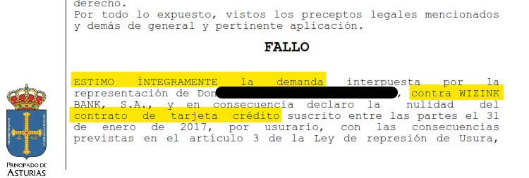 Recorte del fallo de la sentencia 00111/2022 contra WiZink