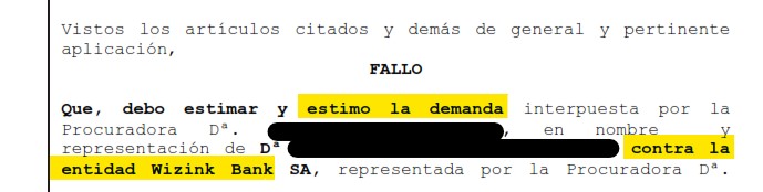 Recorte del fallo de la sentencia 00019/2021 contra WiZink