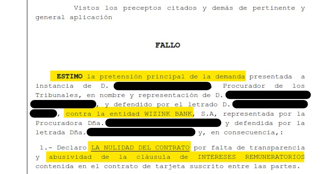 Recorte del fallo de la sentencia 00215/2025 contra Wizink
