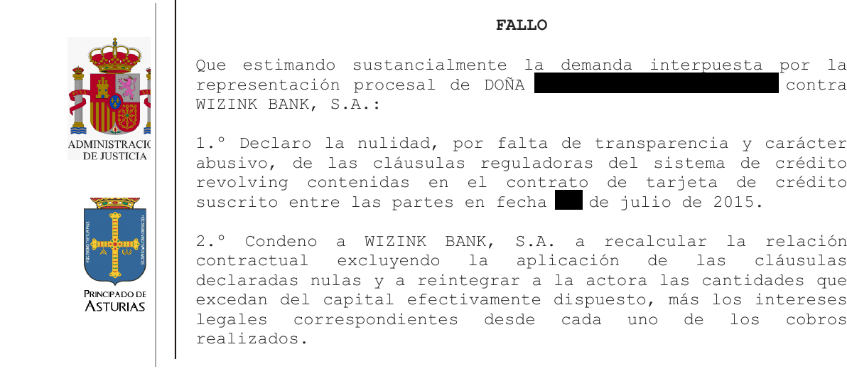 Fallo de la sentencia ***/2026 del Tribunal de Instancia de Llanes contra Wizink, con los datos personales tachados
