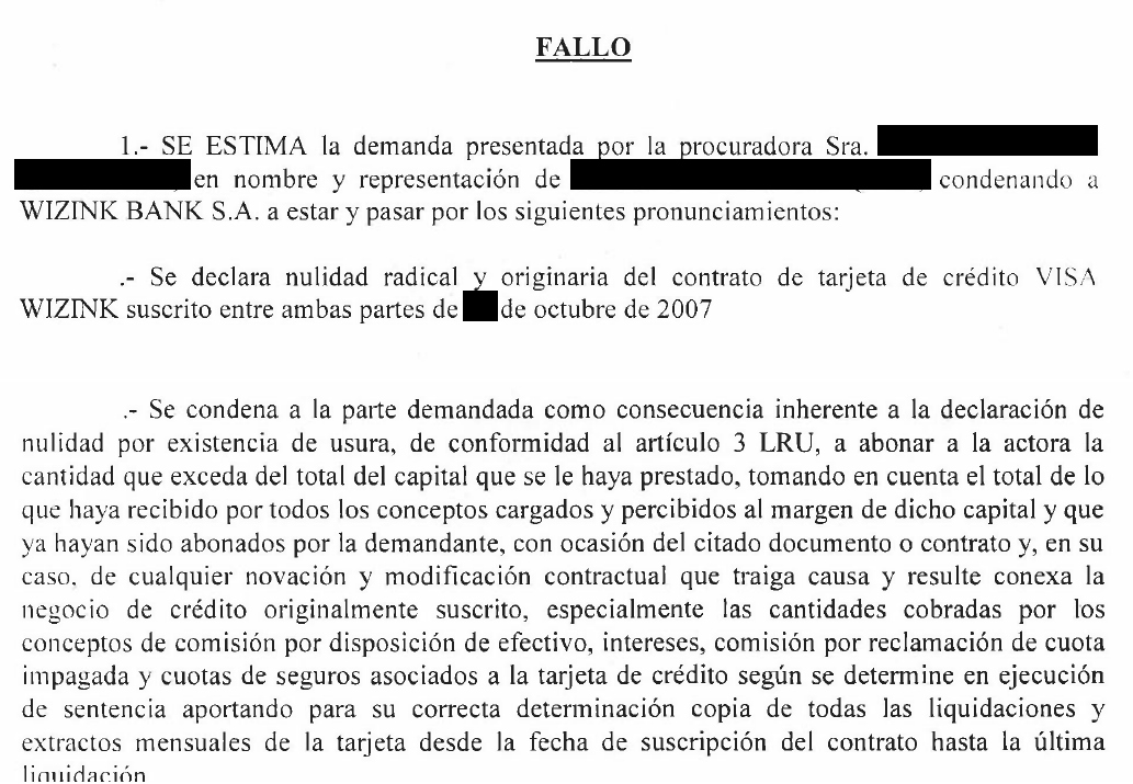 Fallo de la sentencia ***/2021 del Juzgado de Getxo nº 1 contra Wizink, con los datos personales tachados