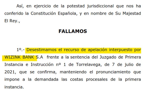 Recorte del fallo de la sentencia 000180/2023 contra WiZink