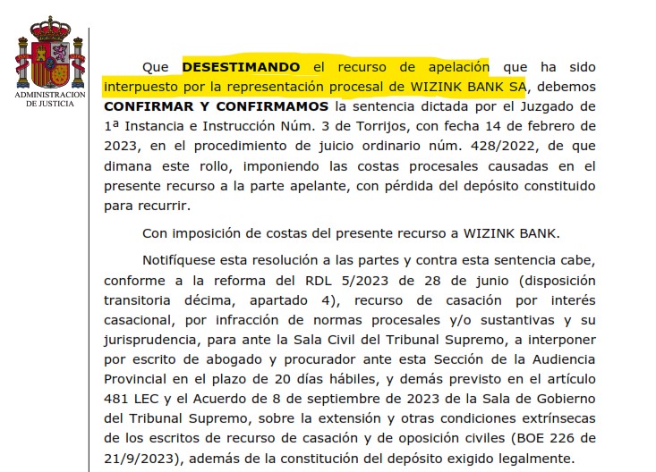 Recorte del fallo de la sentencia 00074/2026 contra Wizink
